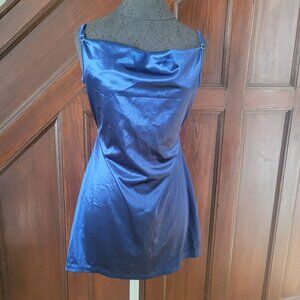 Zaful Womens Blue Satin Slip Chemise With Adjustable Straps & Waist Tie M